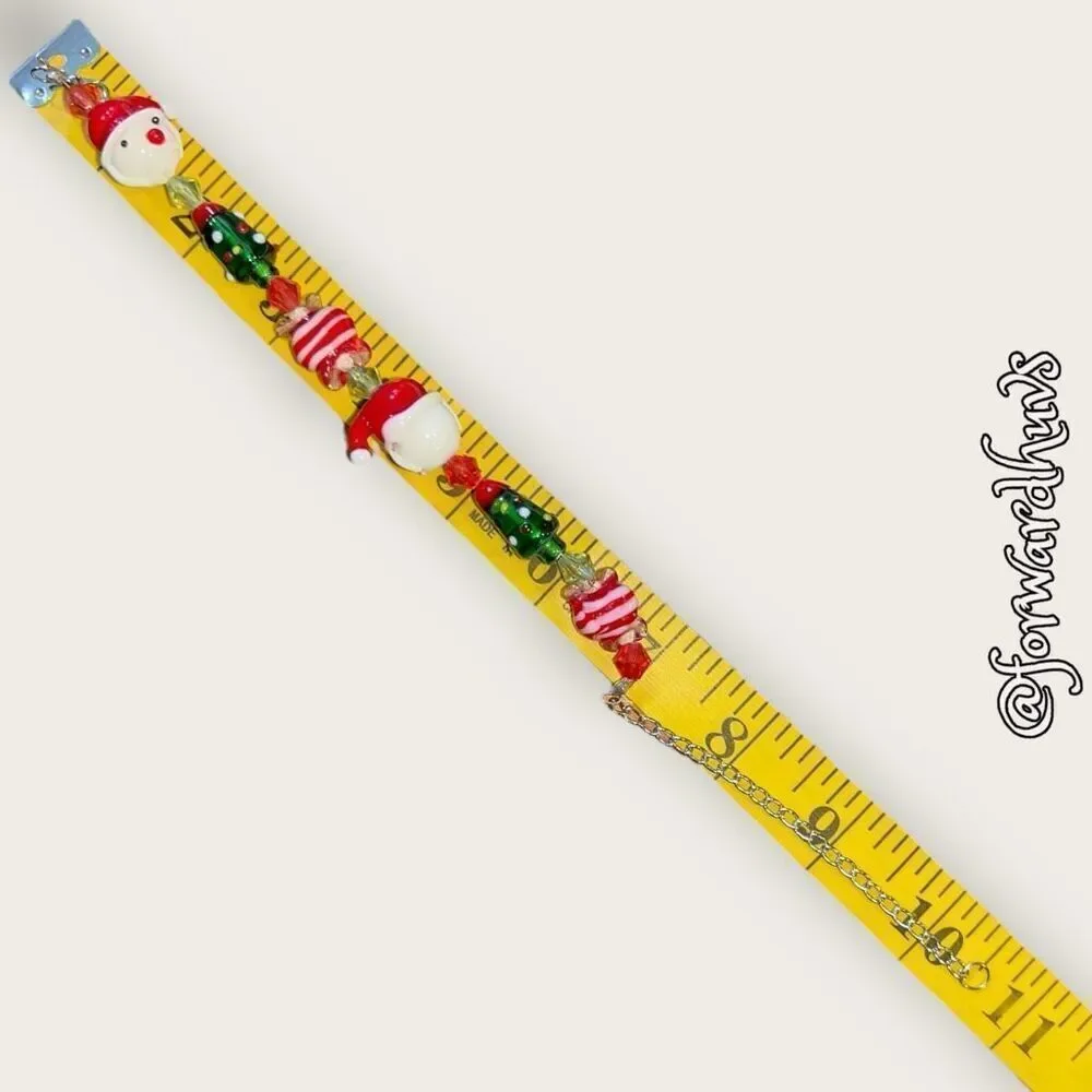 Glass Santa, Tree & Candy Beads On Adjustable Silver Tone Chain Bracelet